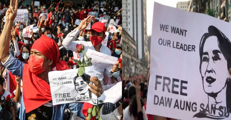 انقلاب-ميانمار:-أعيدت-خدمة-الإنترنت-لكن-الاحتجاجات-ضد-الجيش-مستمرة-،-للمطالبة-بالإفراج-عن-أونغ-سان-سو-كي